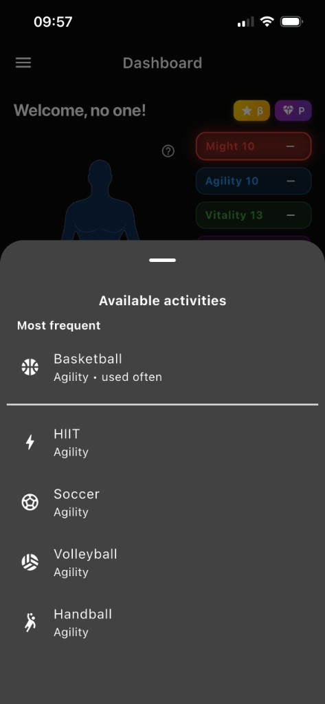Forjum — Available activities from the dashboard