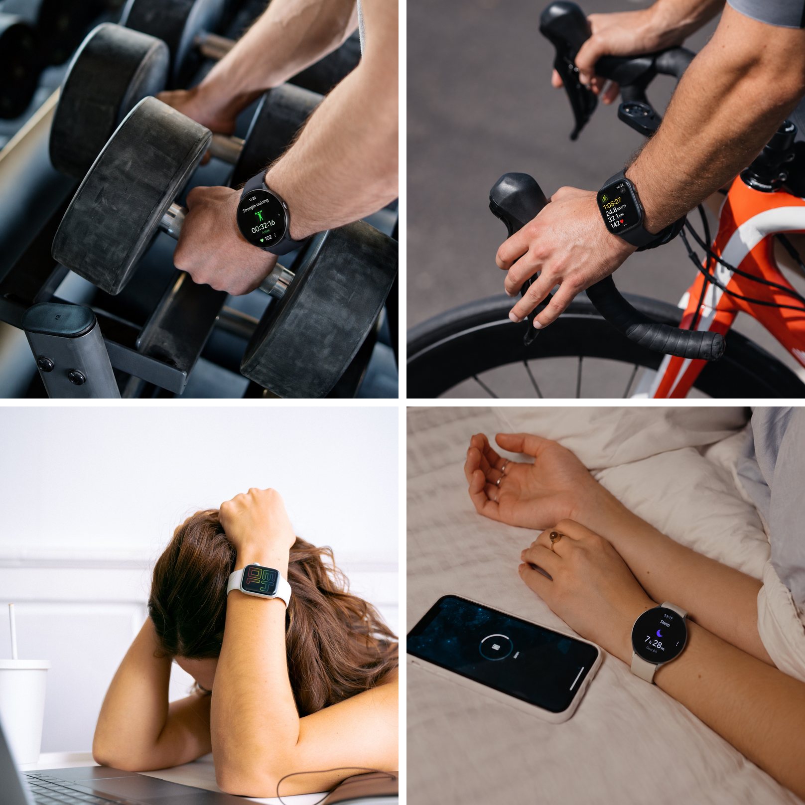 Vier Alltagsmomente, von einer Smartwatch erfasst: Krafttraining mit einer Wear-OS-Uhr, Radfahren mit einer Apple Watch, ein stressiger Moment am Schreibtisch und eine Nacht Schlaf, aufgezeichnet auf einer Wear-OS-Uhr